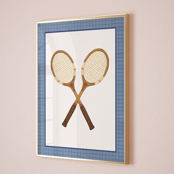 Retro Tennis Rackets Navy Blue Wall Art Vintage Sports Nursery Print Boys Room Playroom Decor Eclectic Gallery