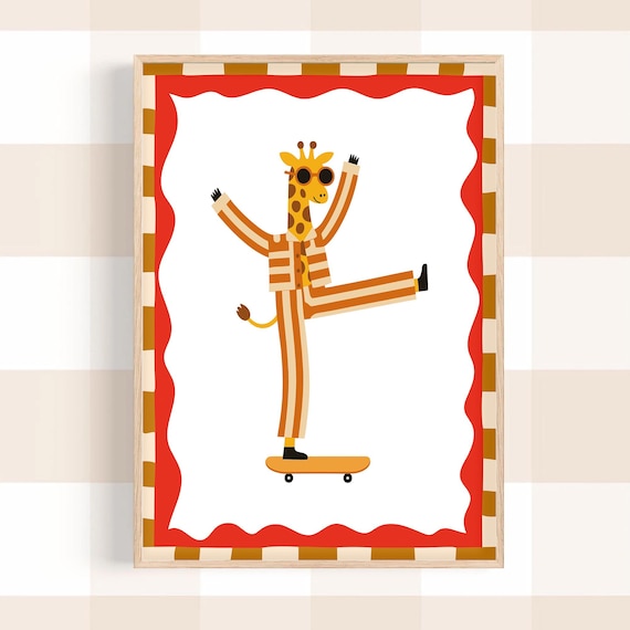 Skating Giraffe Kids Print Whimsical Nursery Animal Playroom Decor