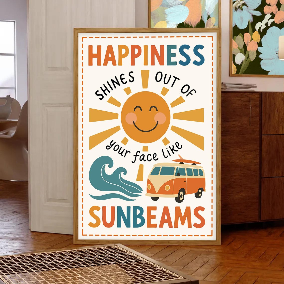 Happiness Sunbeams Retro Surf Van Kids Affirmation Art Poster