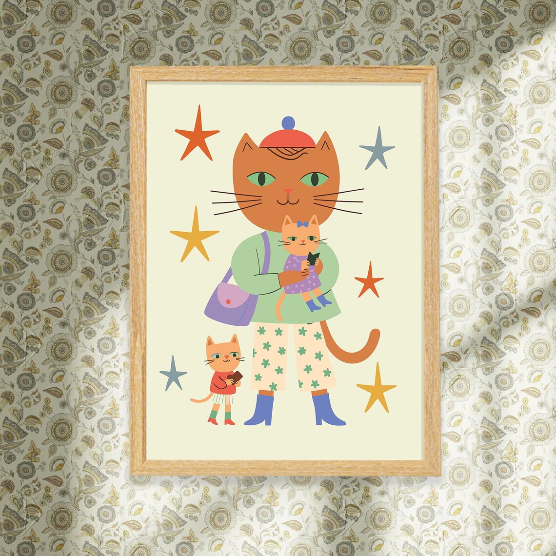 Sweet Cat Family Mama Cat With Two Kittens Whimsical Stars Poster
