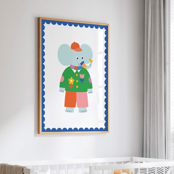 Cheerful Cartoon Elephant Dressed in a Green Jacket Nursery Wall Art