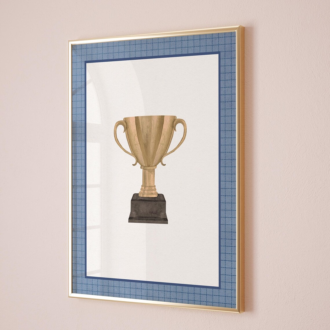 Gold Winners Trophy Cup Navy Grid Boys Nursery Sports Art Poster