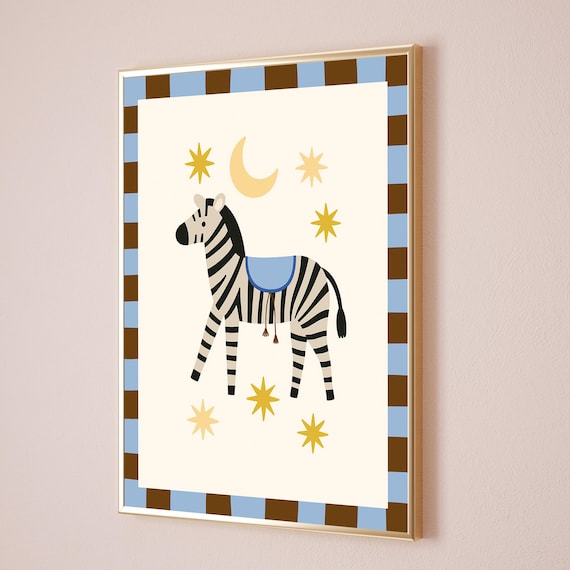 Sparkling Zebra Moon Stars Checkered Border Kids Nursery Whimsy Wall Poster