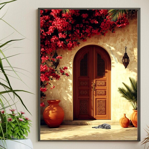 Moroccan Carved Door Cat Red Flowers Terracotta Boho Wall Poster