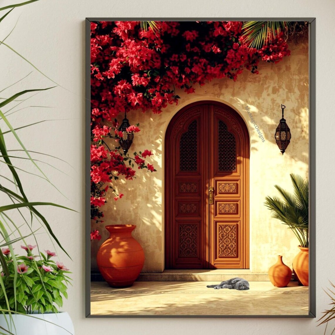 Moroccan Carved Door Cat Red Flowers Terracotta Boho Wall Poster