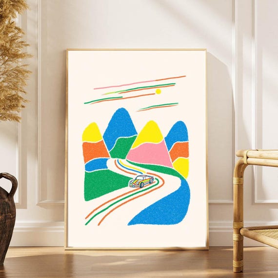 Colorful Geometric Mountain Road Trip Print Abstract Car Art