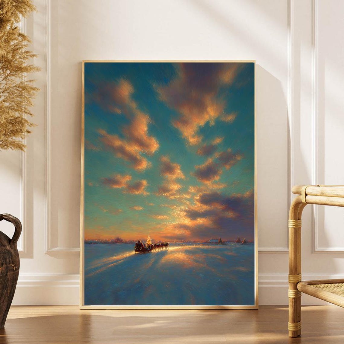 Christmas Sleigh Sunset Snowy Plain Impressionist Holiday Wall Art