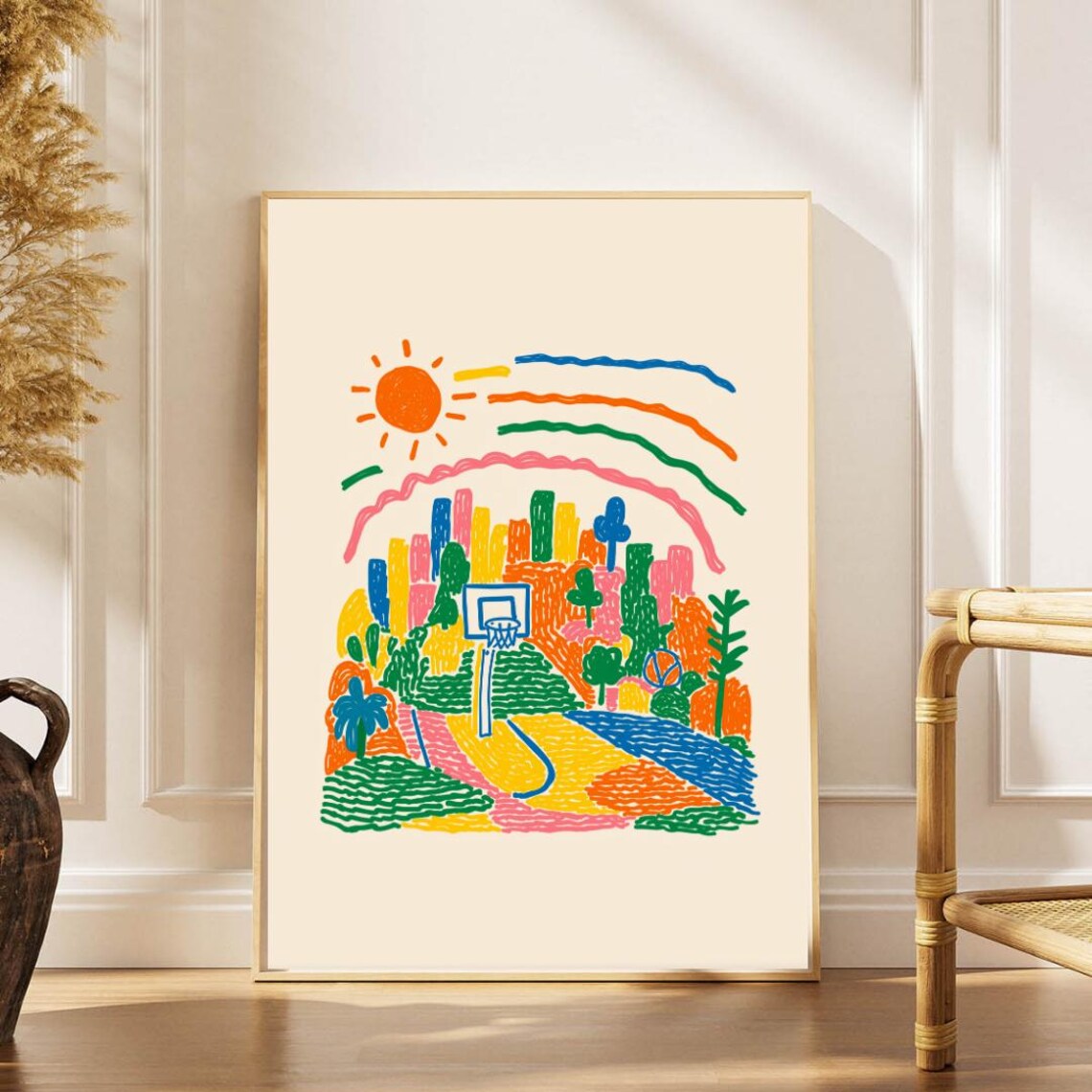 Basketball Court Cityscape Abstract Line Art Poster