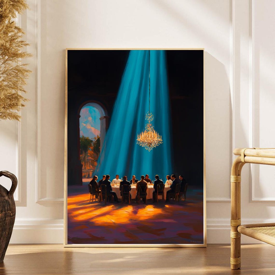Chandelier Over Grand Banquet Dramatic Teal Drapes Evening Wall Art