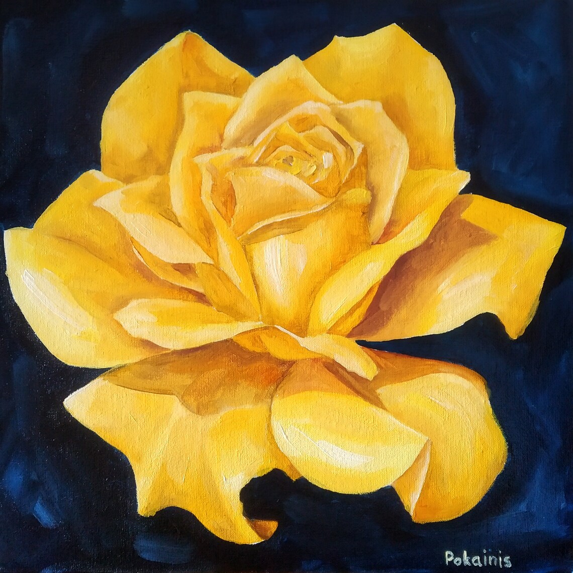 Golden Yellow Rose Close Up Oil Painting on Dark Navy Poster