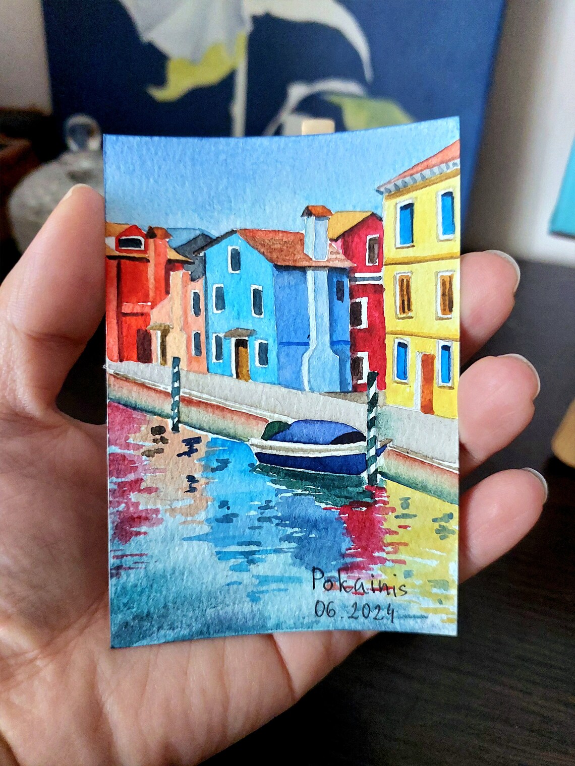 Colorful Burano Canal Houses with Boat Venice Watercolor Poster