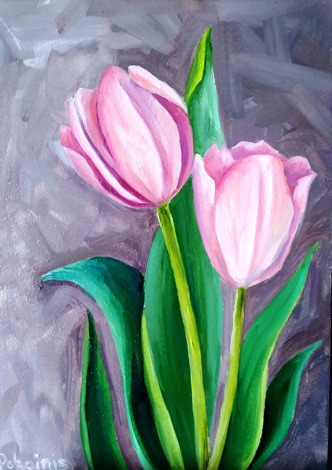 Two Pink Tulip Blossoms with Green Stems Oil Painting Poster