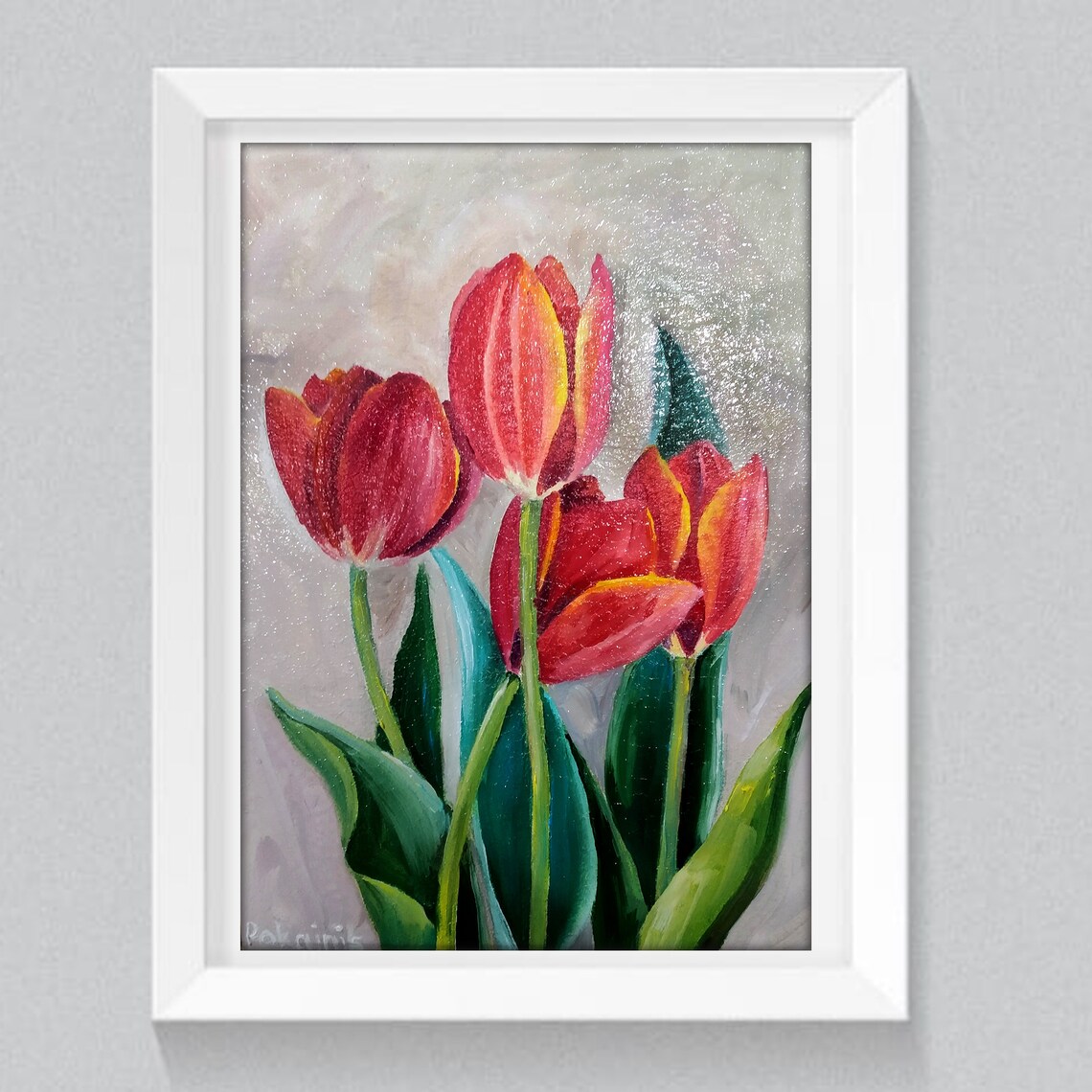 Bright Red Tulip Blooms with Green Leaves Oil Painting Poster - Image 2