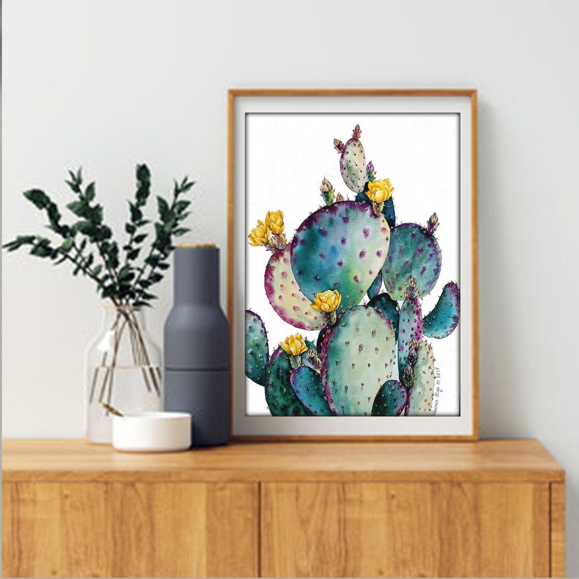 Purple Prickly Pear Watercolor Poster With Yellow Cactus Flowers - Image 2