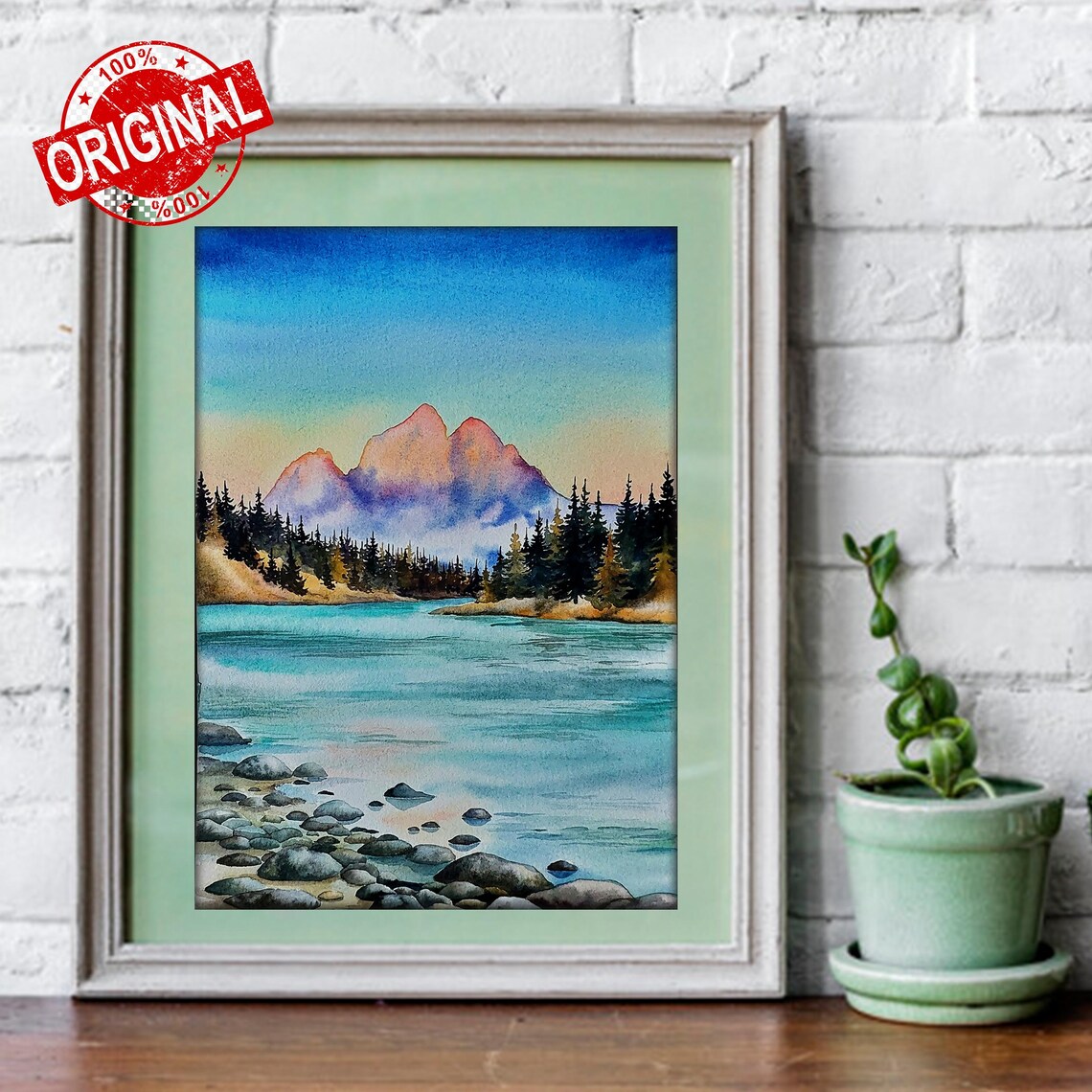 Mountain Lake Watercolor Twin Peaks Alpine Scenic View Poster - Image 2