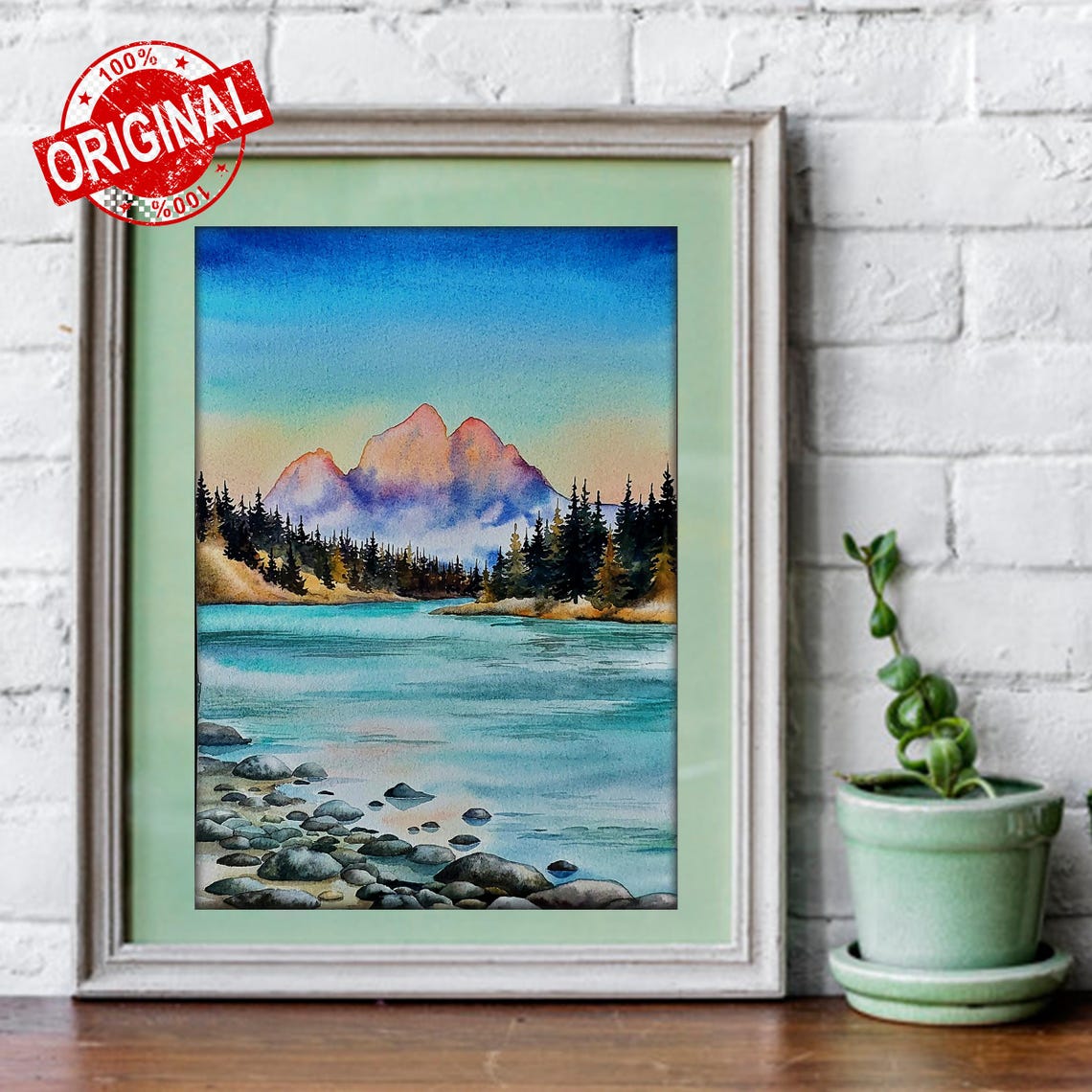 Original Watercolor Pink Sunset Painting Quiet Dawn On A Mountain River Fine Art Small Landscape Wall Art Misty Lake Sunset Artwork - Image 2