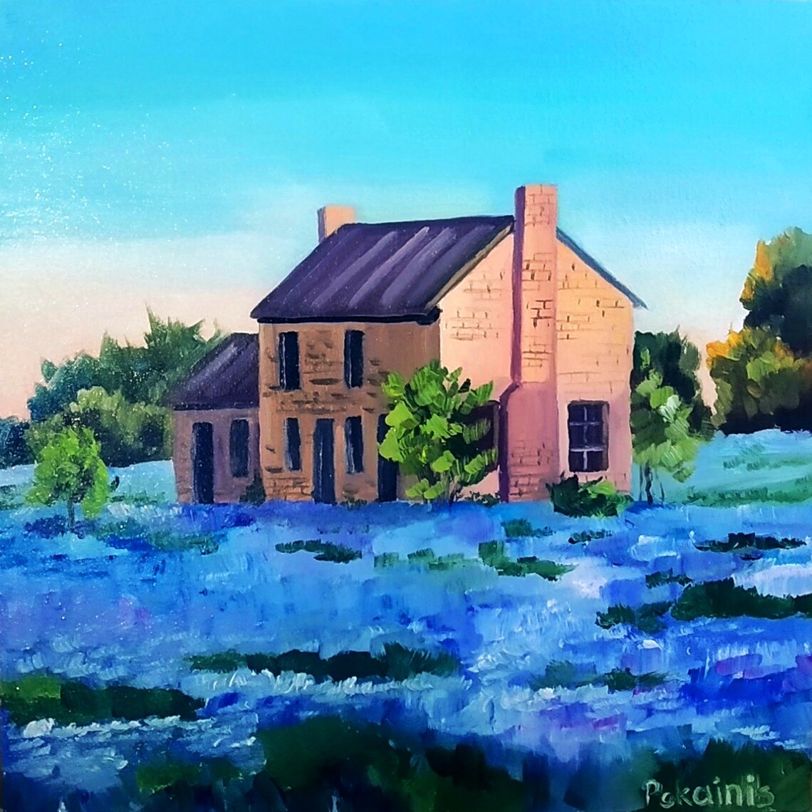 Old Stone Farmhouse Bluebonnet Field Oil Painting Spring Poster