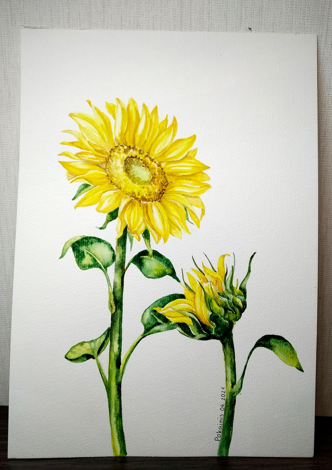 Two Sunflowers Watercolor Open Bloom and Bud Summer Floral Poster - Image 5