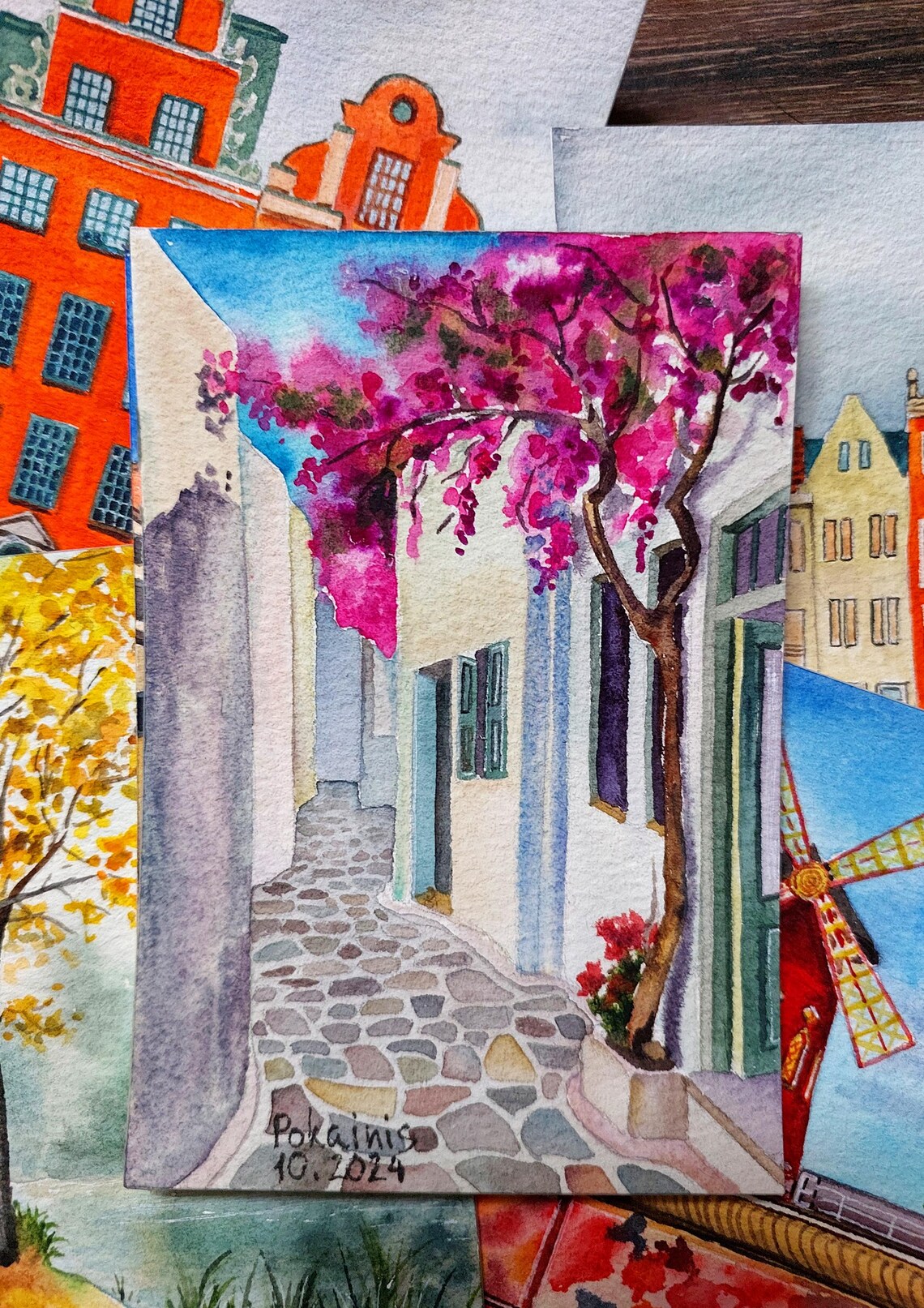 Santorini Cobblestone Alley Pink Bougainvillea Watercolor Poster - Image 2
