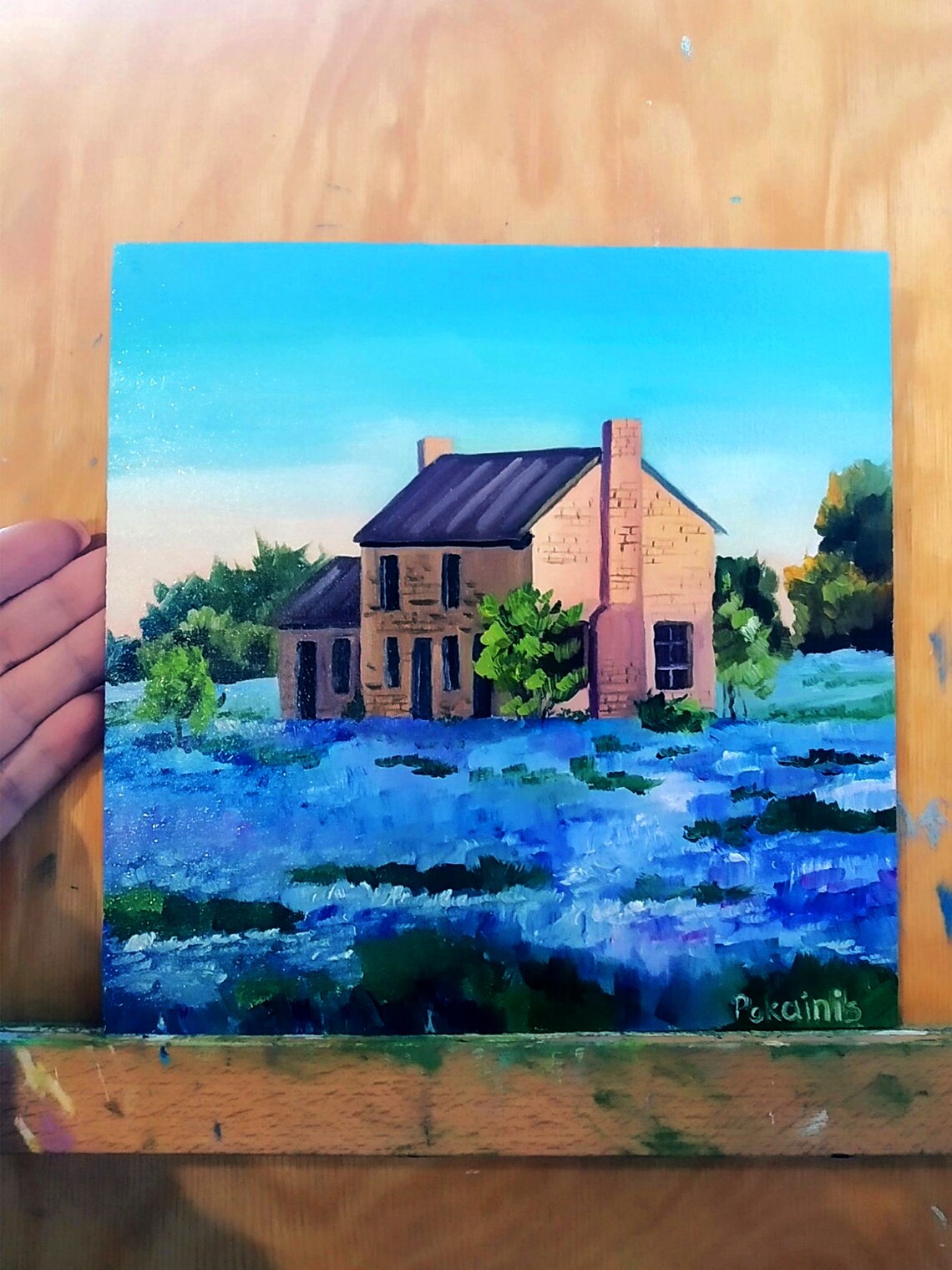 Old Stone Farmhouse Bluebonnet Field Oil Painting Spring Poster - Image 4