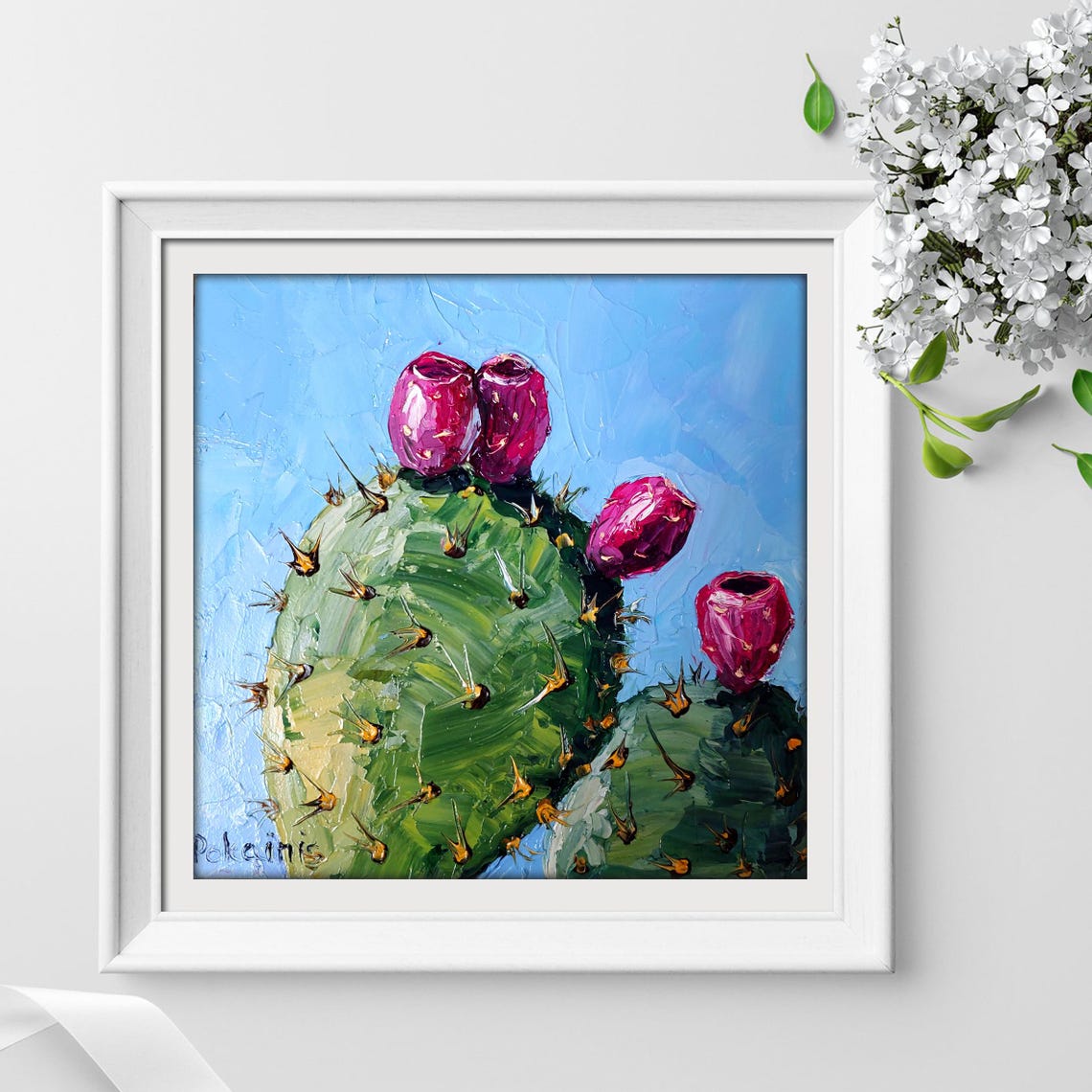 Prickly Pear Cactus with Magenta Fruit Under Blue Sky Oil Print - Image 4