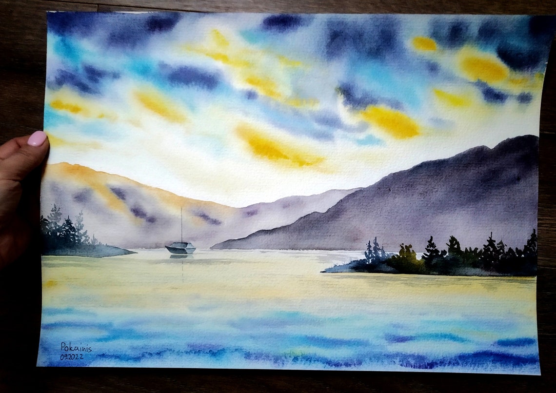 Lake Watercolor Original Painting Mountain Wall Art Sunset Painting Watercolor Cloud Artwork Navy Blue Wall Art Lake House Gift - Image 3