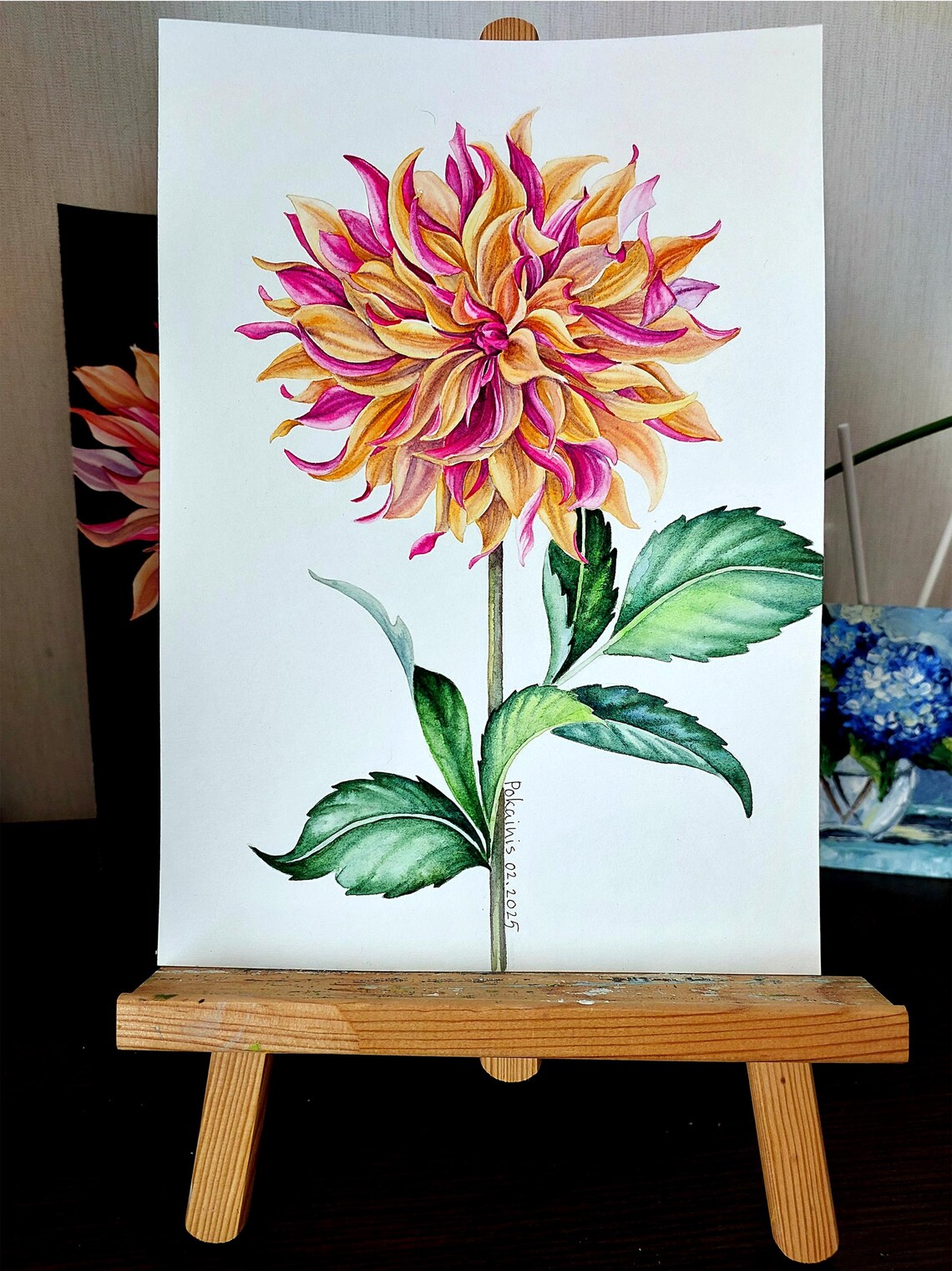 Single Dahlia Watercolor Amber Pink Floral Botanical Art Poster - Image 5