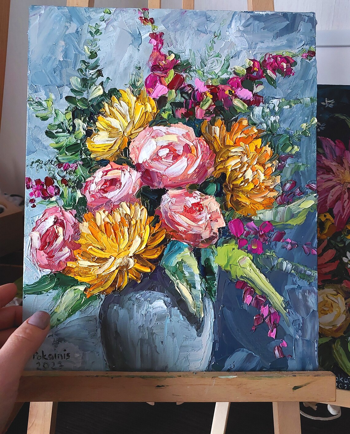Pink Roses Golden Blooms Textured Gray Vase Lush Impasto Poster