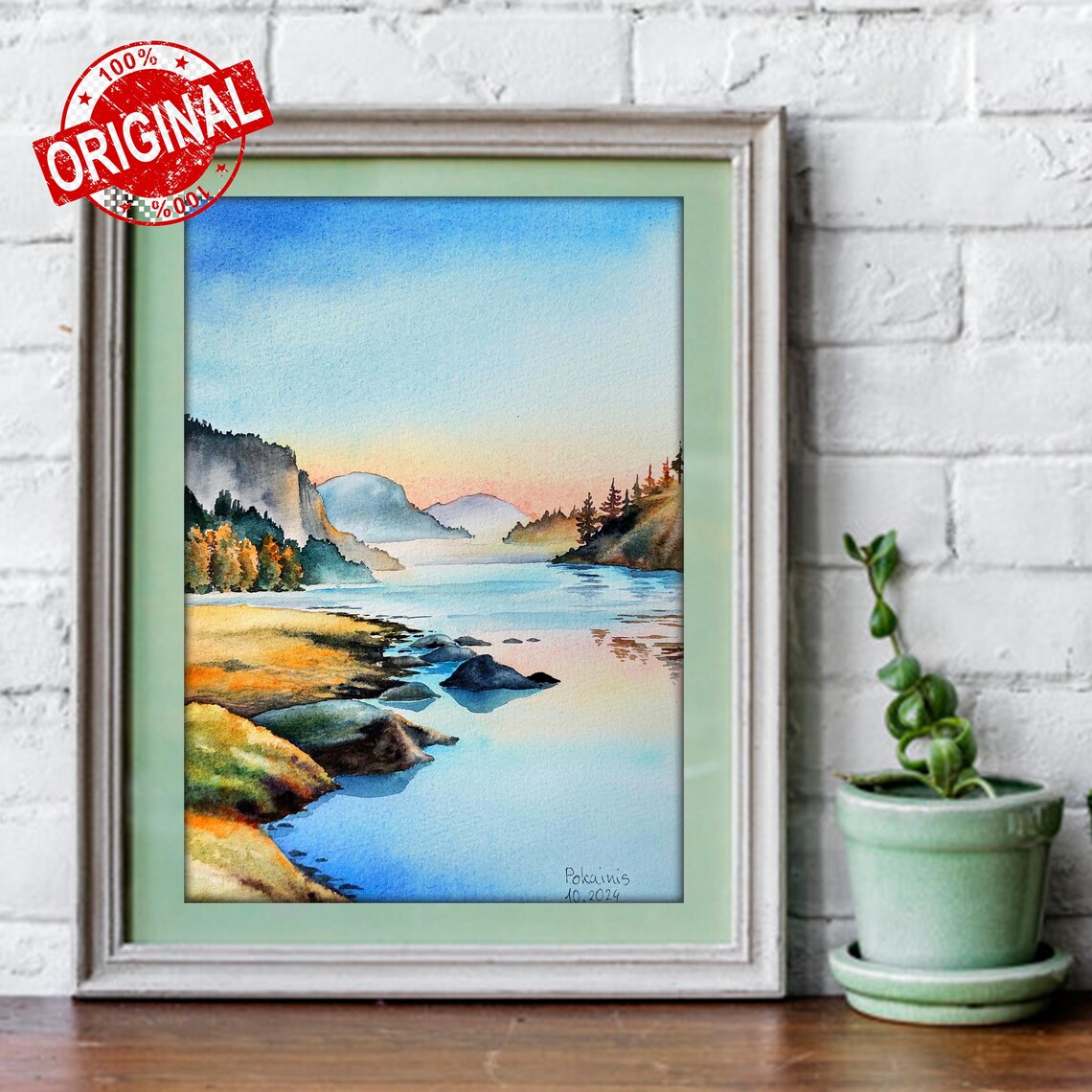 Misty River Sunset Watercolor Pastel Landscape Scenic Poster - Image 4