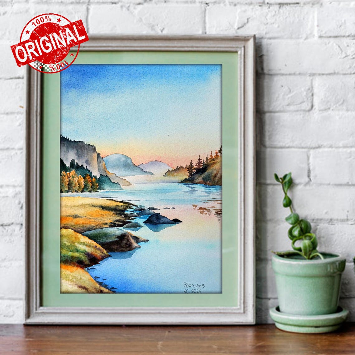 Original Watercolor Sunset Painting Quiet Dawn On A Mountain River Fine Art Landscape Wall Art Small Painting Misty Lake Sunset Artwork - Image 4