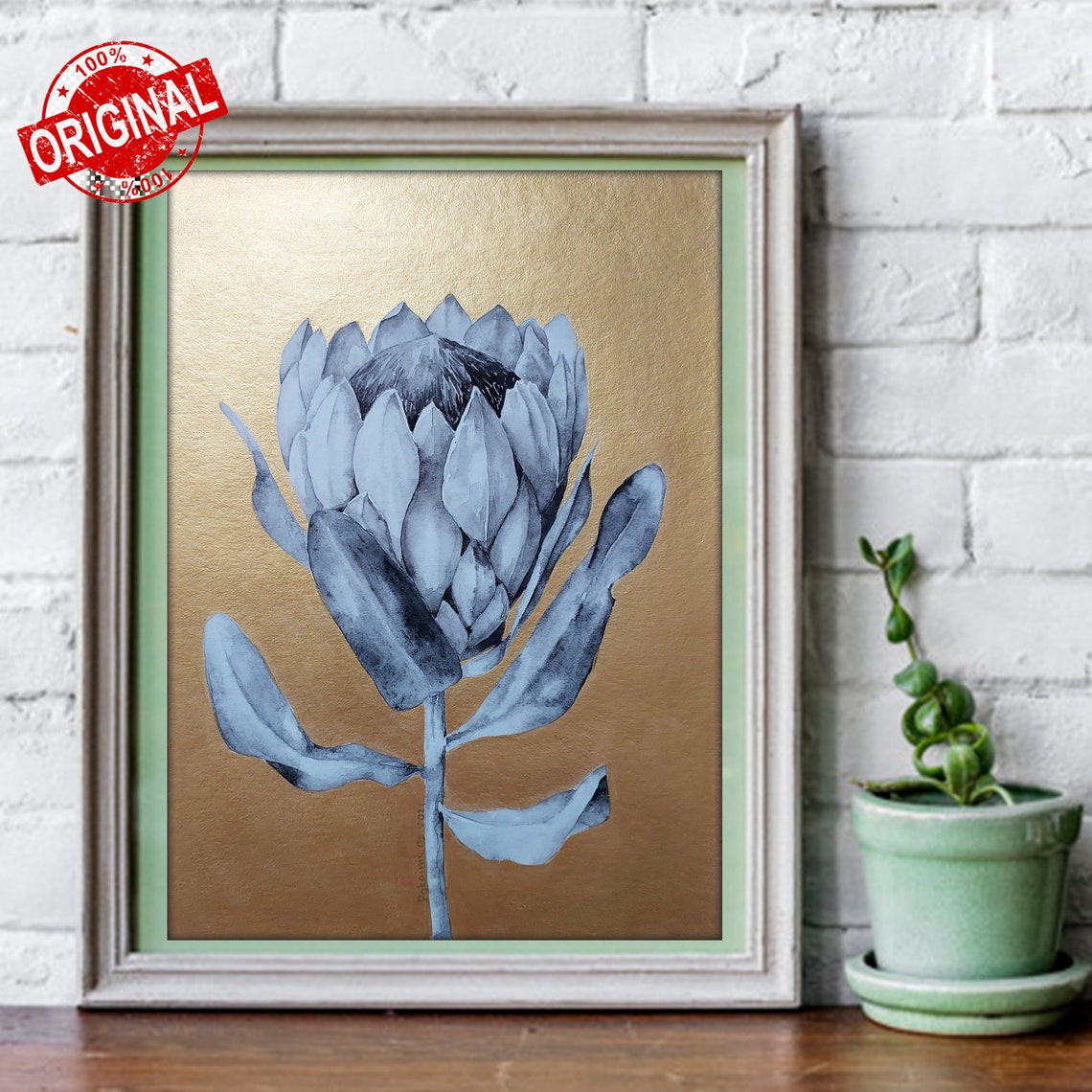 King Protea Grey Watercolor on Gold Background Floral Poster - Image 2