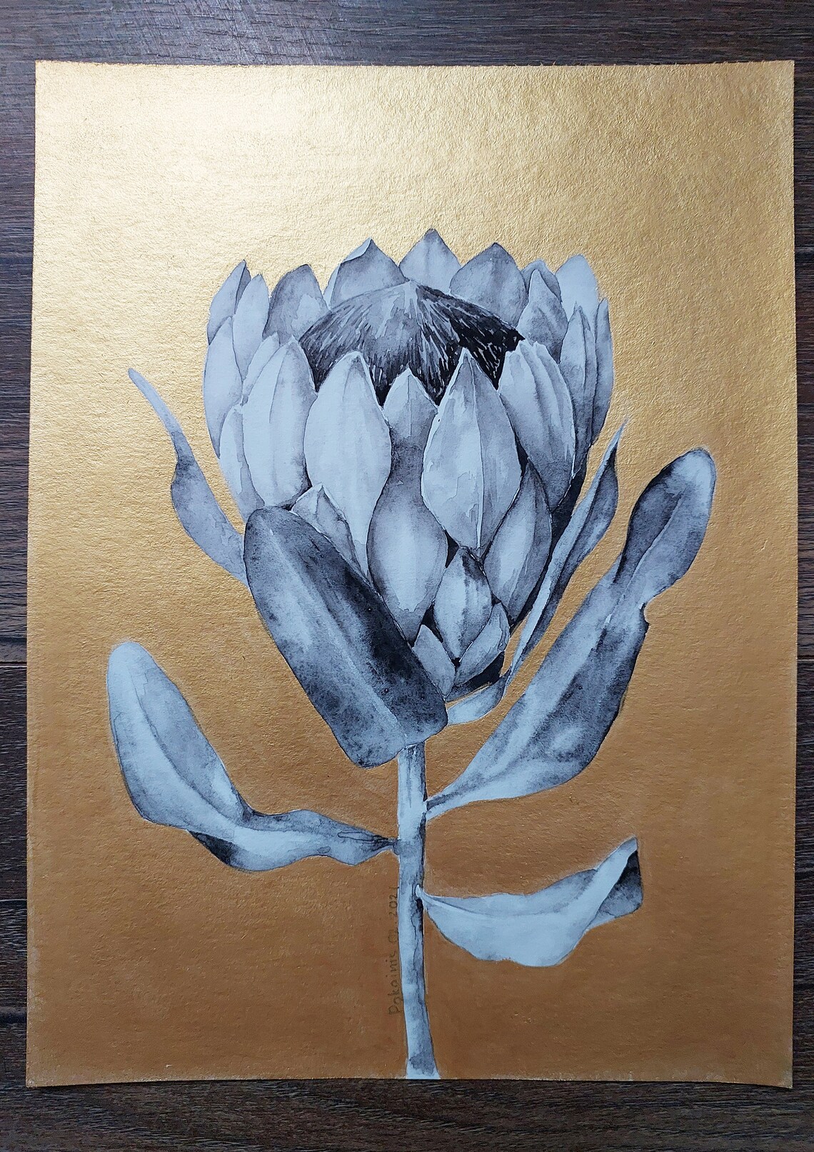 King Protea Grey Watercolor on Gold Background Floral Poster - Image 5