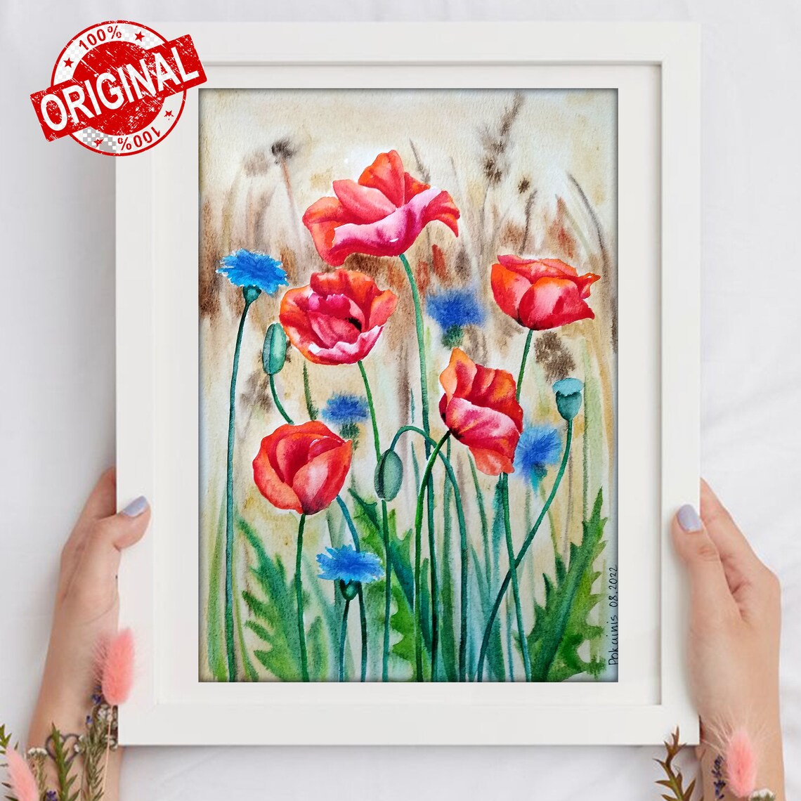 Red Poppies and Blue Cornflowers Watercolor Wildflower Meadow Poster - Image 2
