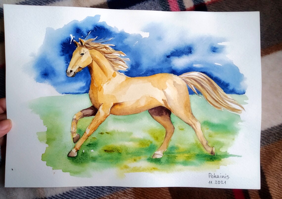 Golden Horse Galloping Across Field Watercolor Equine Art Poster - Image 2