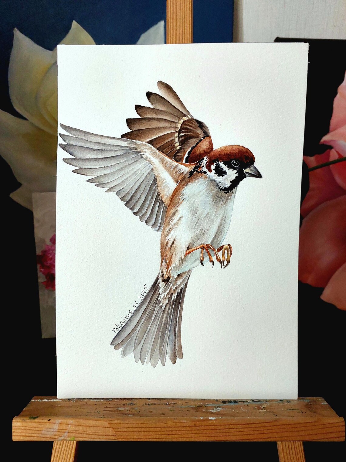 Eurasian Tree Sparrow in Flight Watercolor Songbird Art Poster - Image 2