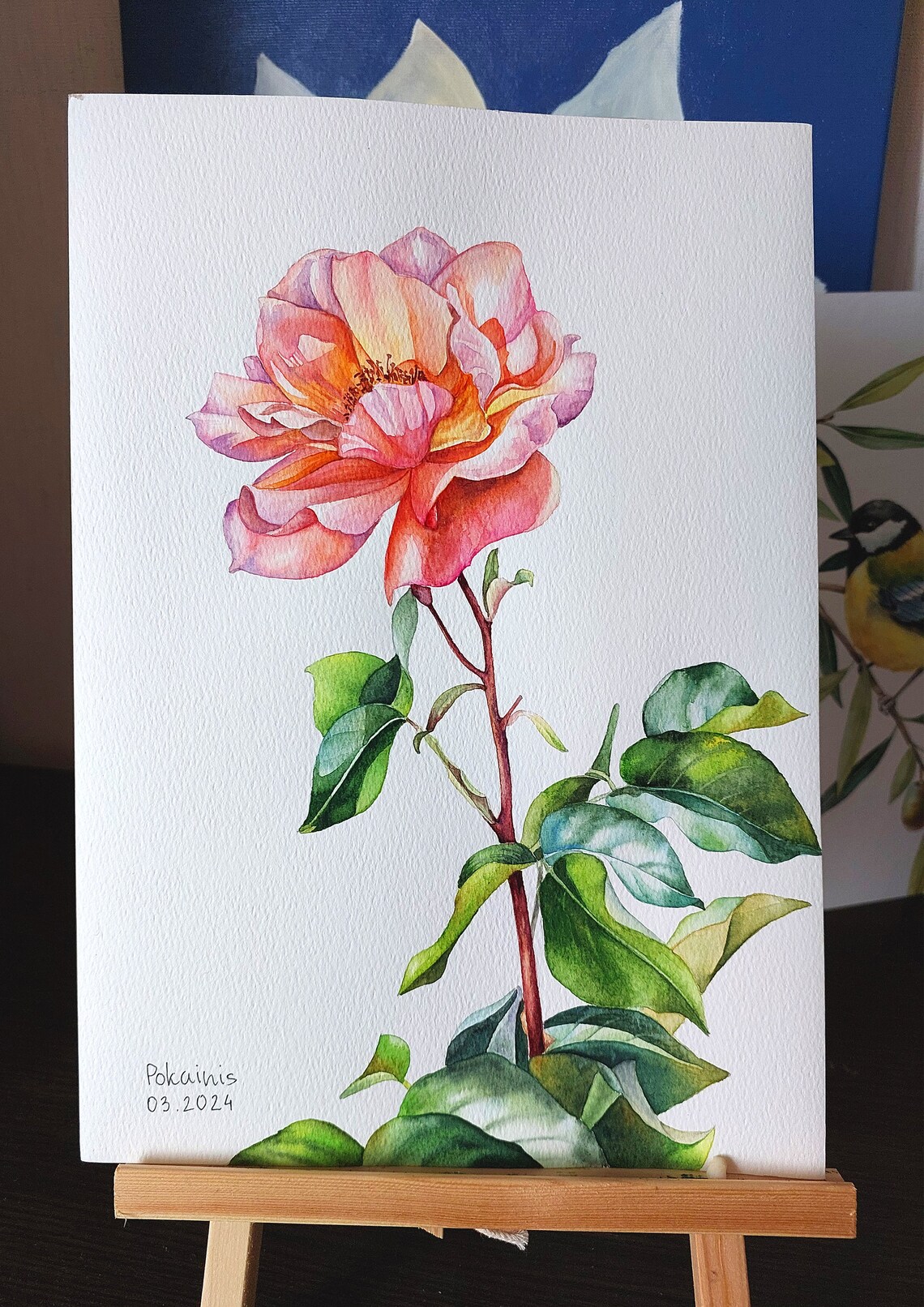 Coral Rose Blossom Layered Petals Watercolor Botanical Poster - Image 2