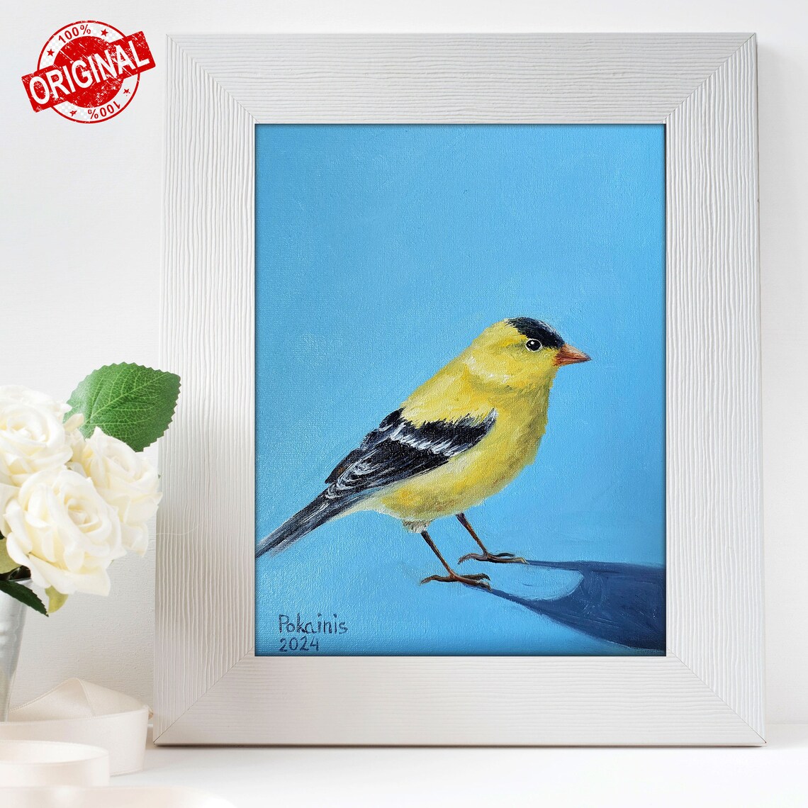 American Goldfinch Male on Bright Blue Background Oil Poster - Image 3