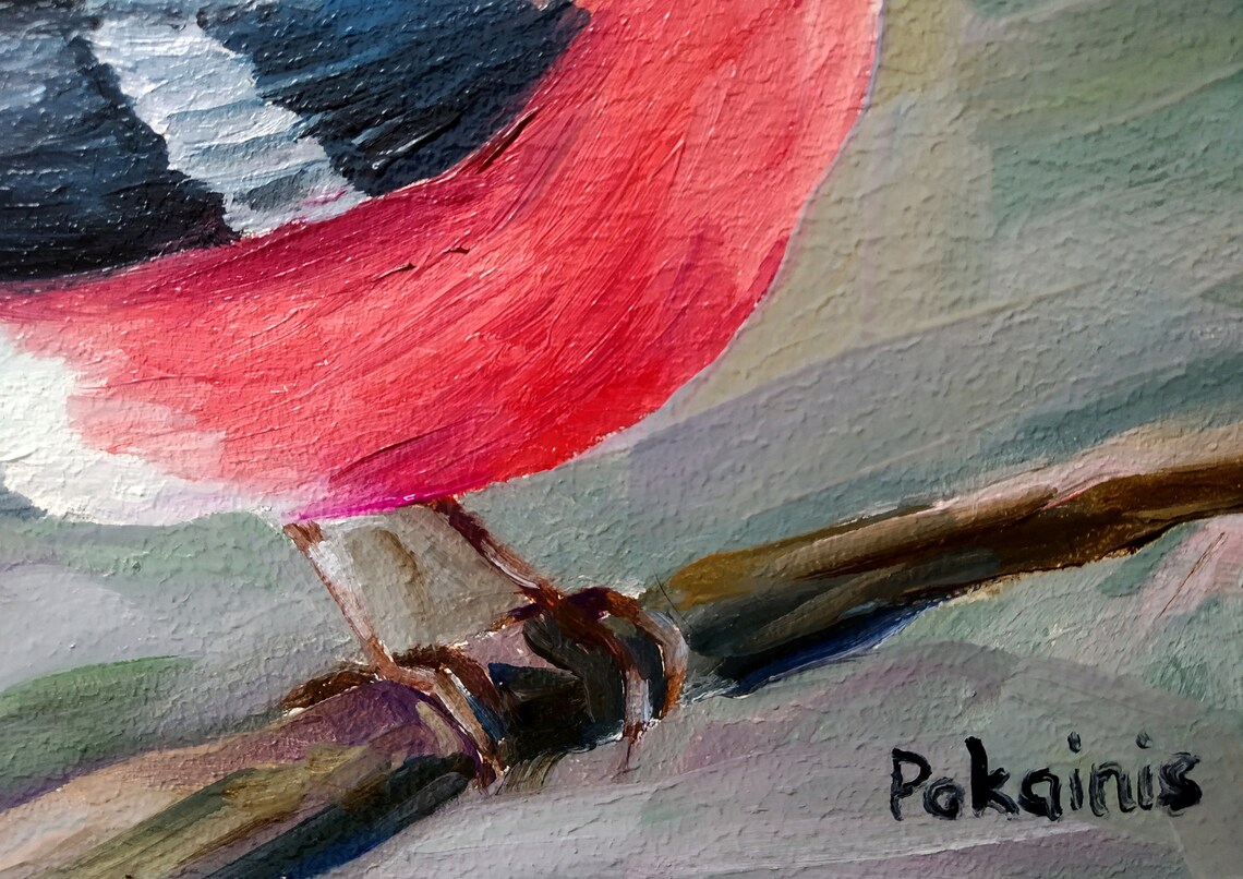 Eurasian Bullfinch on Winter Branch Original Oil Bird Poster - Image 2