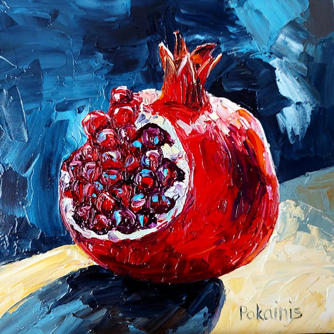 Cracked Red Pomegranate Ruby Seeds Impasto Still Life Poster - Image 2