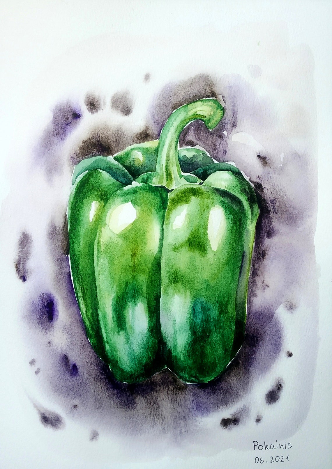Green Bell Pepper Watercolor Vegetable Still Life Kitchen Poster