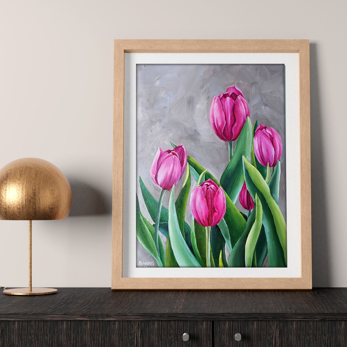 Pink Tulip Oil Painting Poster Fresh Blooms On Gray Background - Image 3