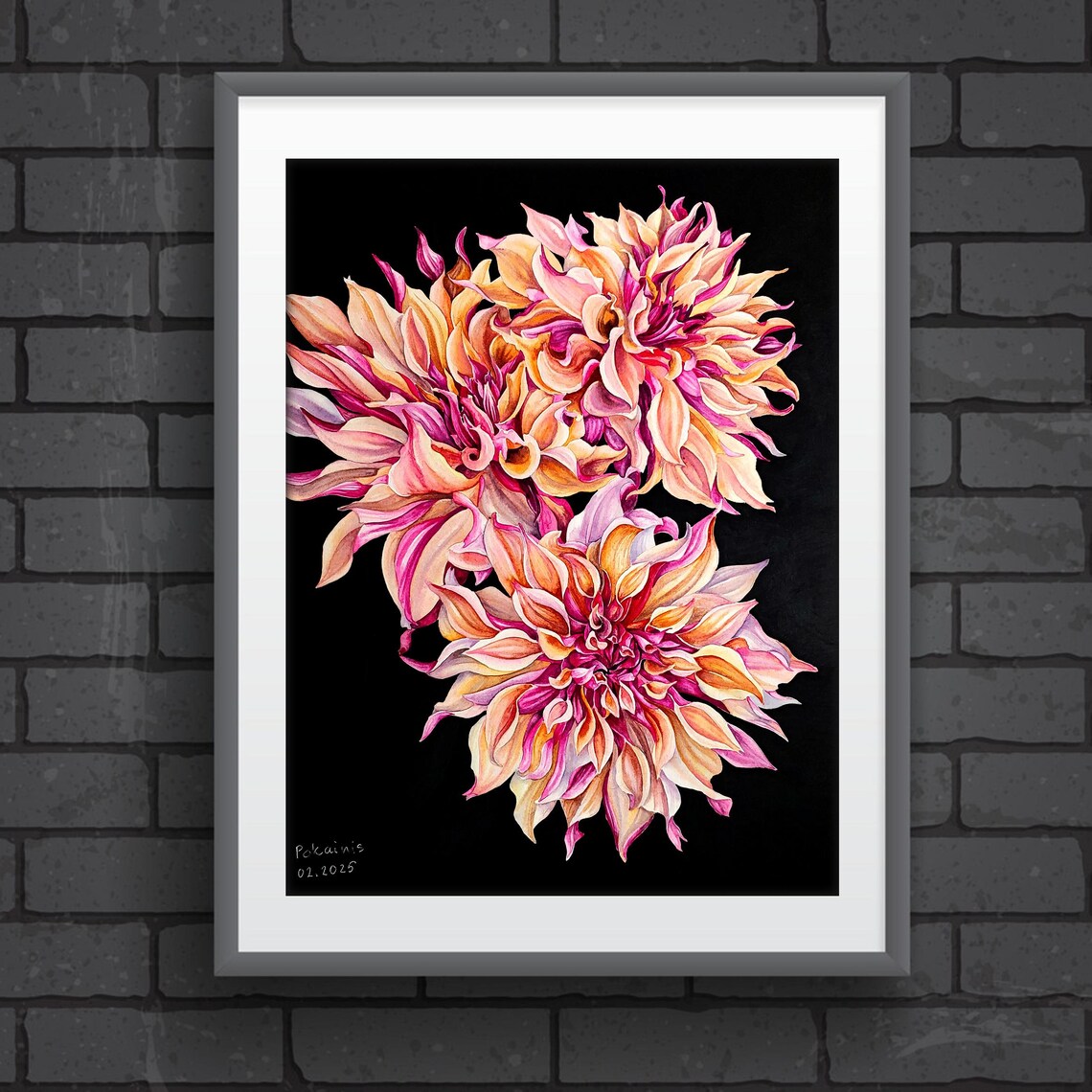Pink Dahlia Trio Watercolor Floral on Black Background Poster - Image 5