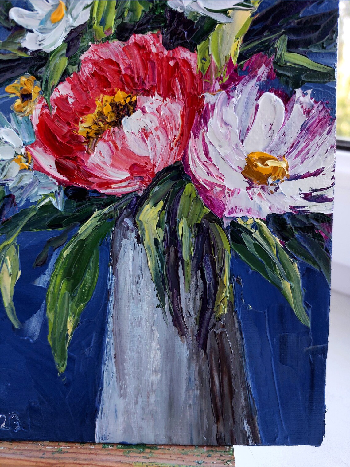 Red Poppies and Daisies Bouquet Impasto Oil Painting Art Poster - Image 2