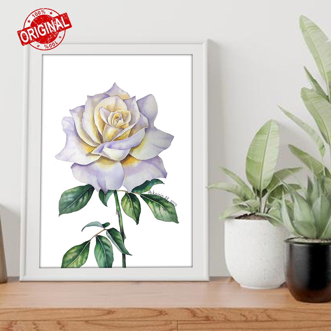White Rose Watercolor Poster With Cream Bloom And Green Leaves - Image 2