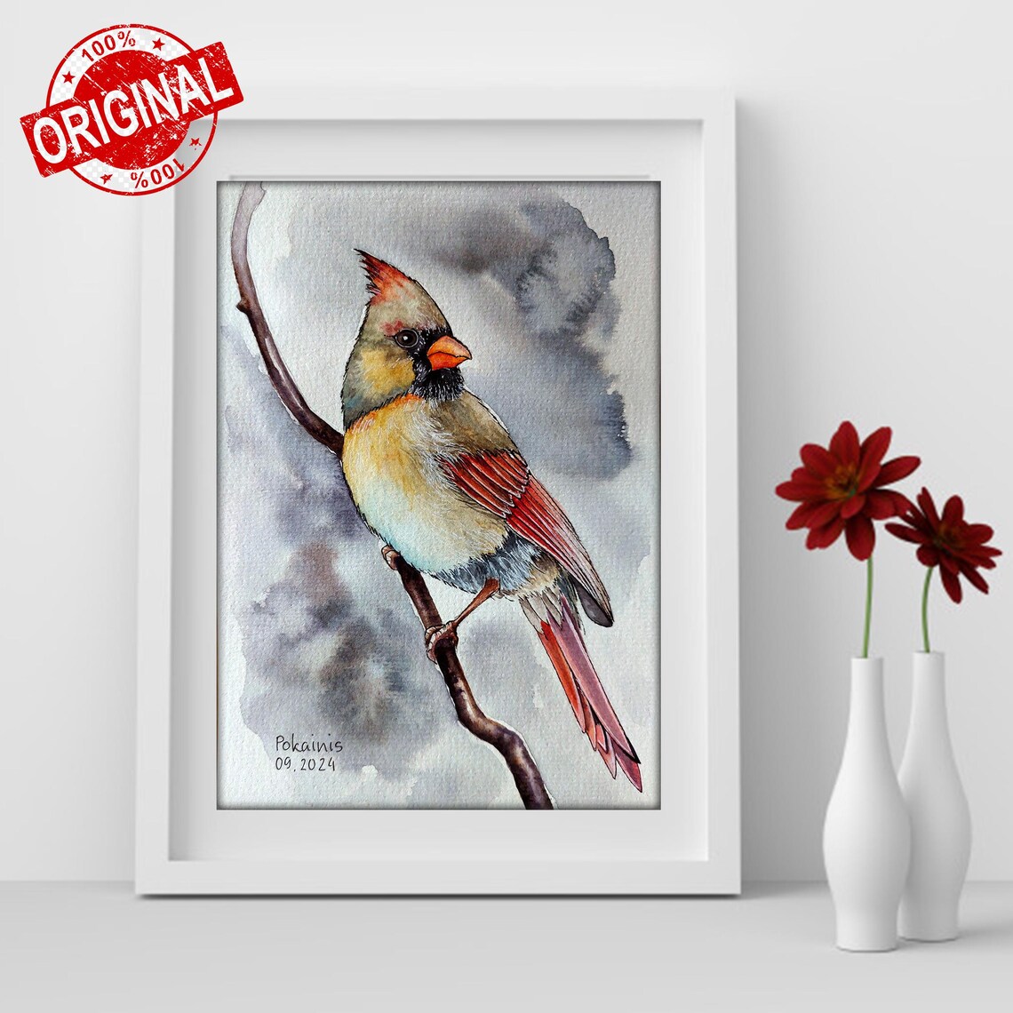 Female Northern Cardinal Perched on Branch Watercolor Poster - Image 4