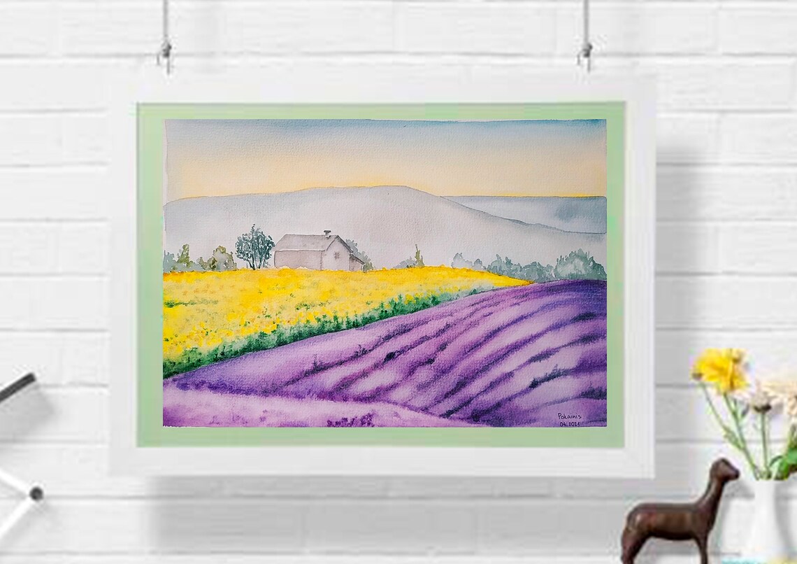 Lavender and Sunflower Fields Farmhouse Landscape Watercolor Poster - Image 4