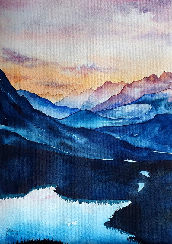 Mountain Watercolor Landscape Painting Handpainted Wall Art Sunset Watercolor Painting From Photo Lake Painting Forest Wall Art