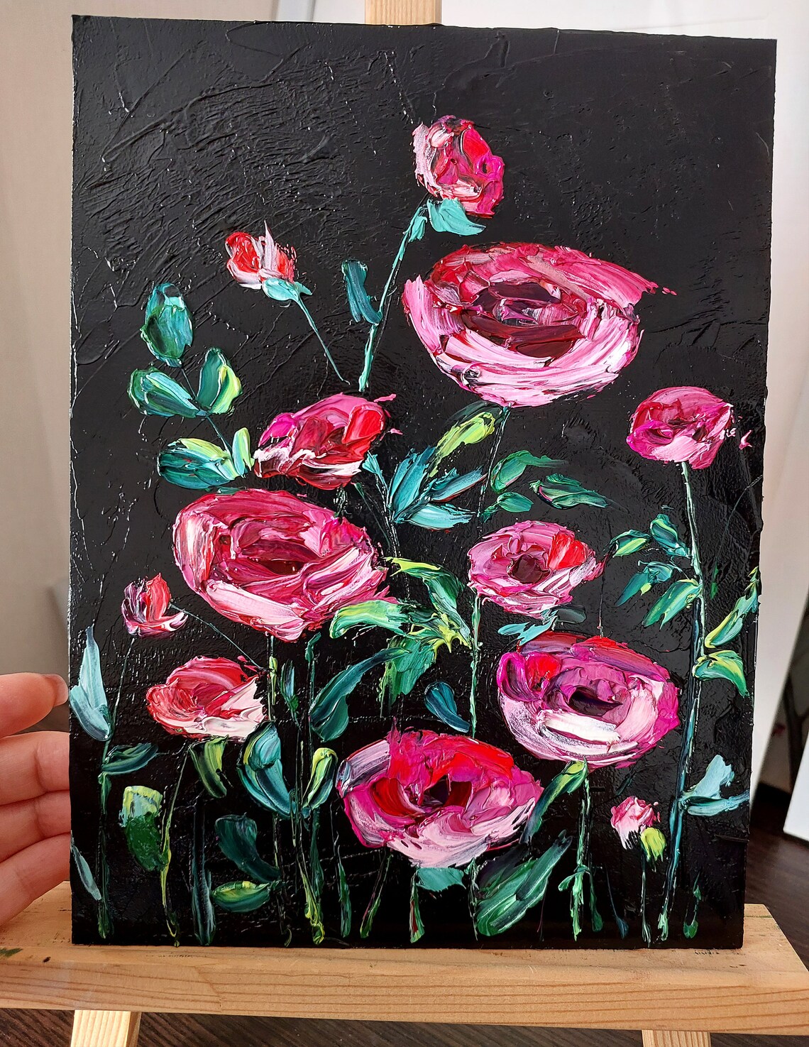 Hot Pink Wild Roses Teal Leaves on Glossy Black Impasto Poster - Image 2