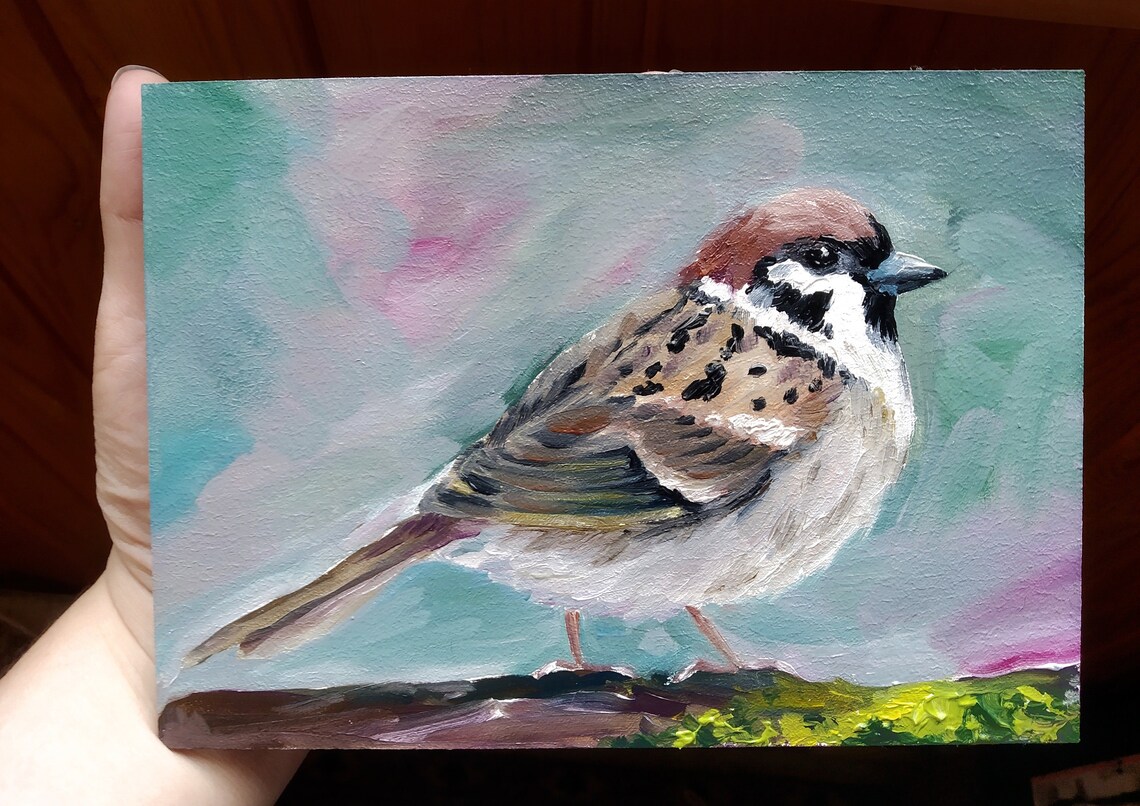 Eurasian Tree Sparrow Perched on Branch Original Oil Bird Poster - Image 3