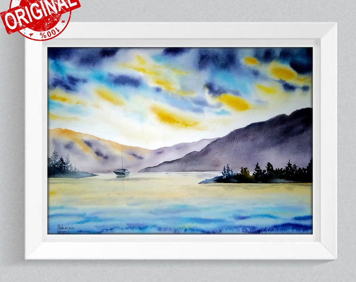 Lake Watercolor Original Painting Mountain Wall Art Sunset Painting Watercolor Cloud Artwork Navy Blue Wall Art Lake House Gift - Image 5